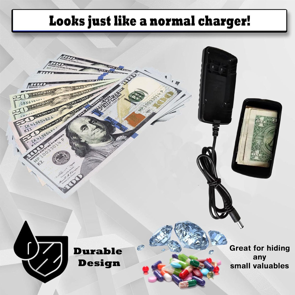 Fake Phone Charger Diversion Safe - Realistic Looking Phone Charger with Secret Compartments to Stash Small items