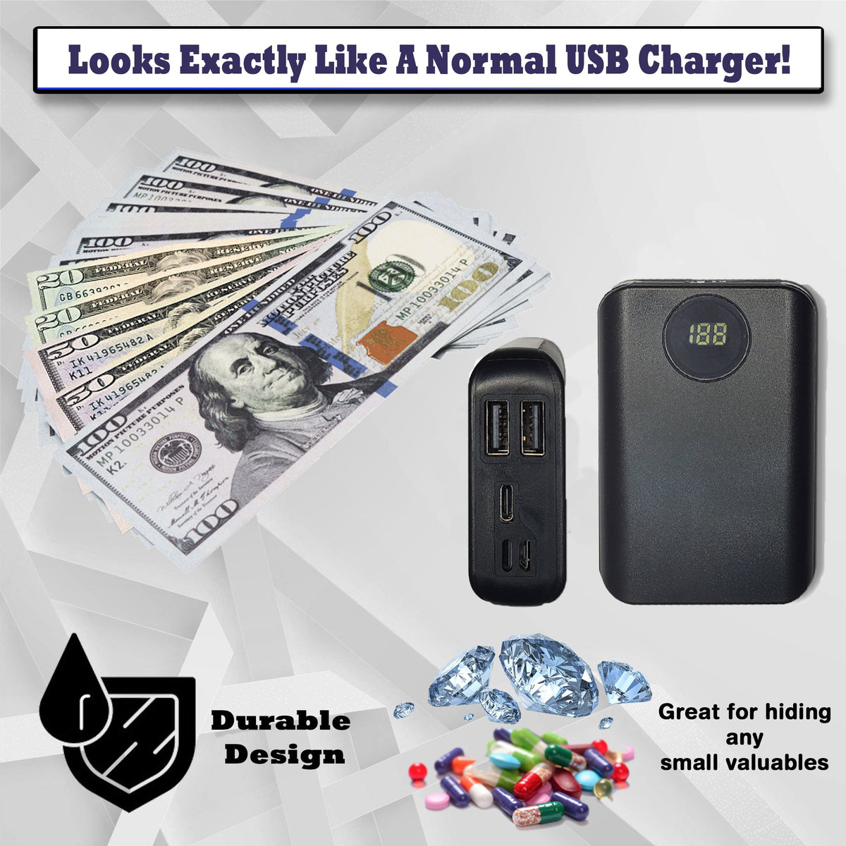 Portable USB Charger Diversion Safe - Realistic-Looking USB Charger with Discreet Secret Compartments and Storage to Stash Valuables